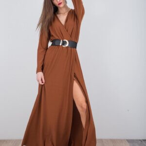φόρεμα μακρύ κρουαζέ σε κάμελ χρώμα