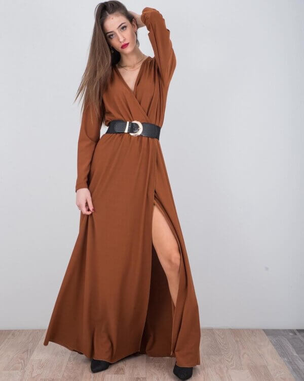φόρεμα μακρύ κρουαζέ σε κάμελ χρώμα